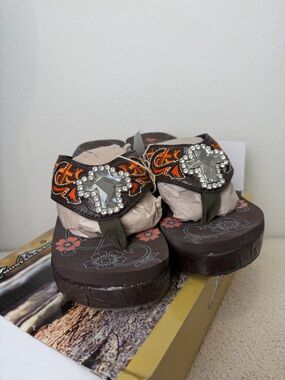 Montana West Black Wedge Sandals with Multicolor Paisley Embellishments